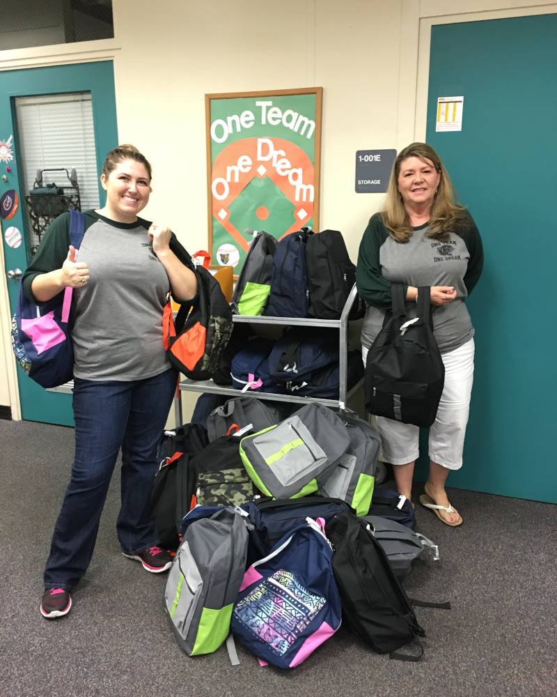 Donated backpacks with supplies at Pinewood Elementary School
